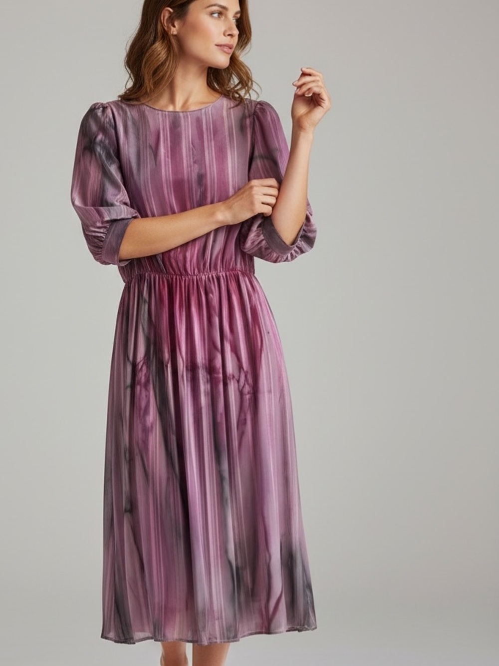 Custom Vintage Sheer Casual Midi Dress Purple, Fuschia & Black Unique